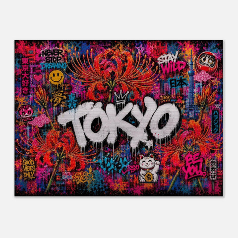Tokyo Neon Floral Graffiti Aluminum Print | Cyberpunk City Street Art Wall Decor | Futuristic Urban Metallic Wall Art | Modern Industrial