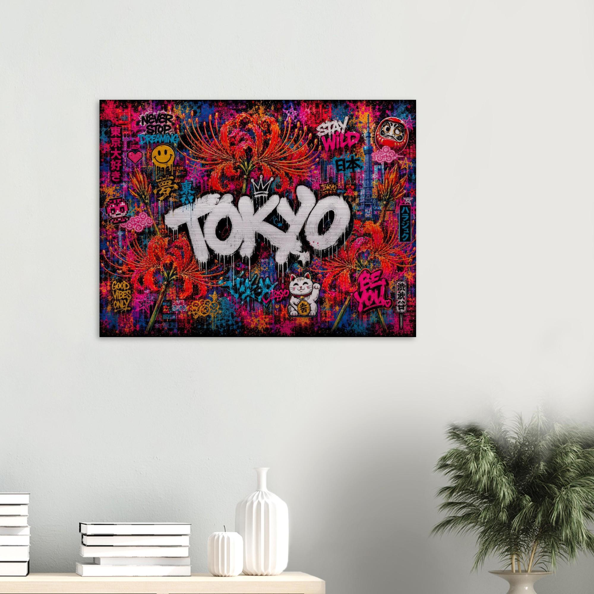 Tokyo Neon Floral Graffiti Aluminum Print | Cyberpunk City Street Art Wall Decor | Futuristic Urban Metallic Wall Art | Modern Industrial