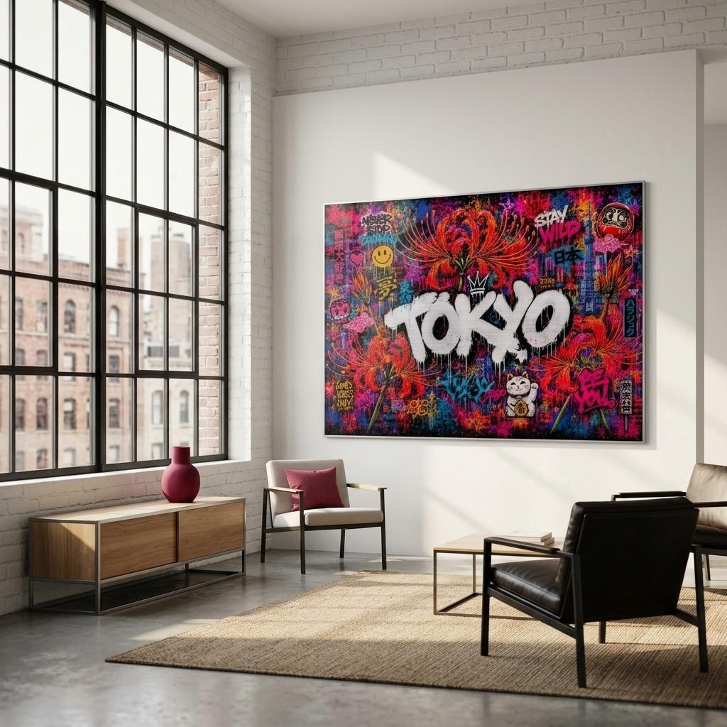 Tokyo Neon Floral Graffiti Aluminum Print | Cyberpunk City Street Art Wall Decor | Futuristic Urban Metallic Wall Art | Modern Industrial