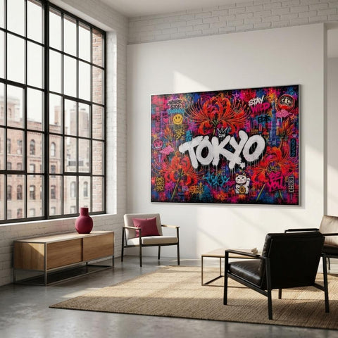 Tokyo Neon Floral Graffiti Aluminum Print | Cyberpunk City Street Art Wall Decor | Futuristic Urban Metallic Wall Art | Modern Industrial