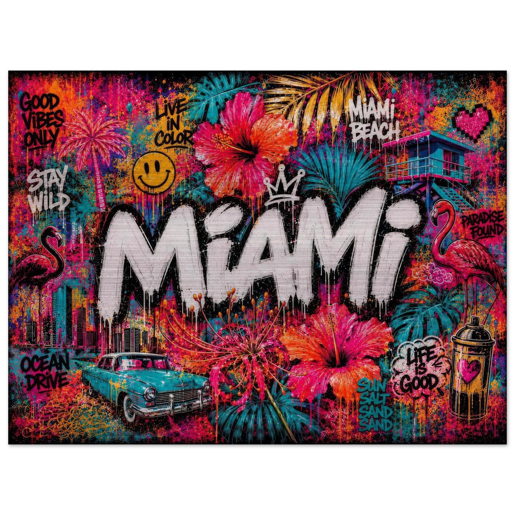 Miami Tropical Graffiti Aluminum Print, Vibrant Street Art Floral Wall Decor, Industrial Modern Metal Art, Large Colorful Urban Home Gift
