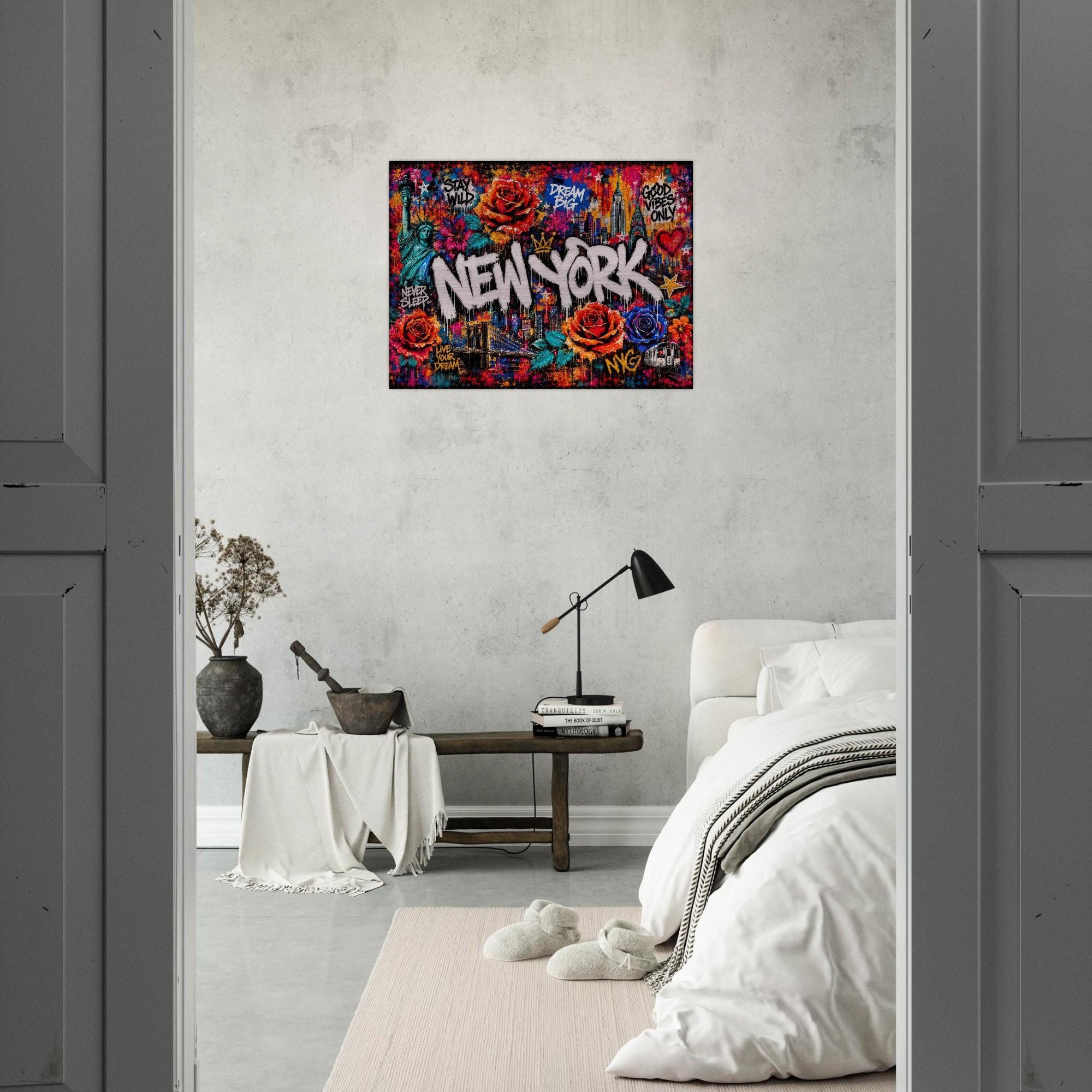 New York City Floral Mural Aluminum Print, Industrial Urban Graffiti Metal Wall Art, Brushed Silver Modern Decor, NYC Cityscape Gift
