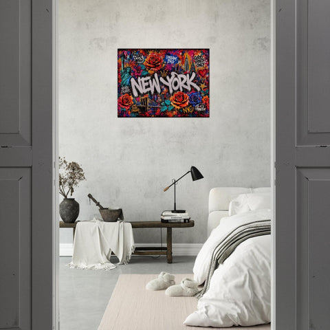 New York City Floral Mural Aluminum Print, Industrial Urban Graffiti Metal Wall Art, Brushed Silver Modern Decor, NYC Cityscape Gift