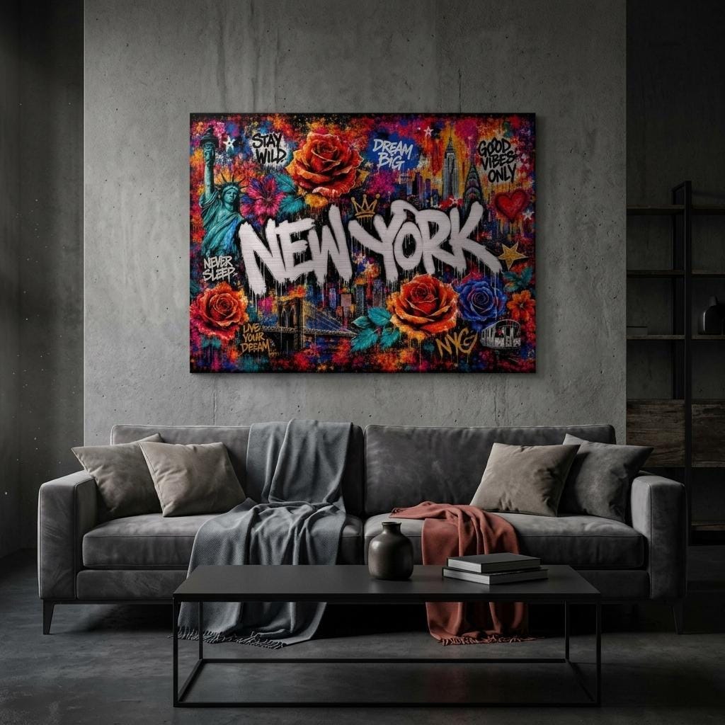 New York City Floral Mural Aluminum Print, Industrial Urban Graffiti Metal Wall Art, Brushed Silver Modern Decor, NYC Cityscape Gift