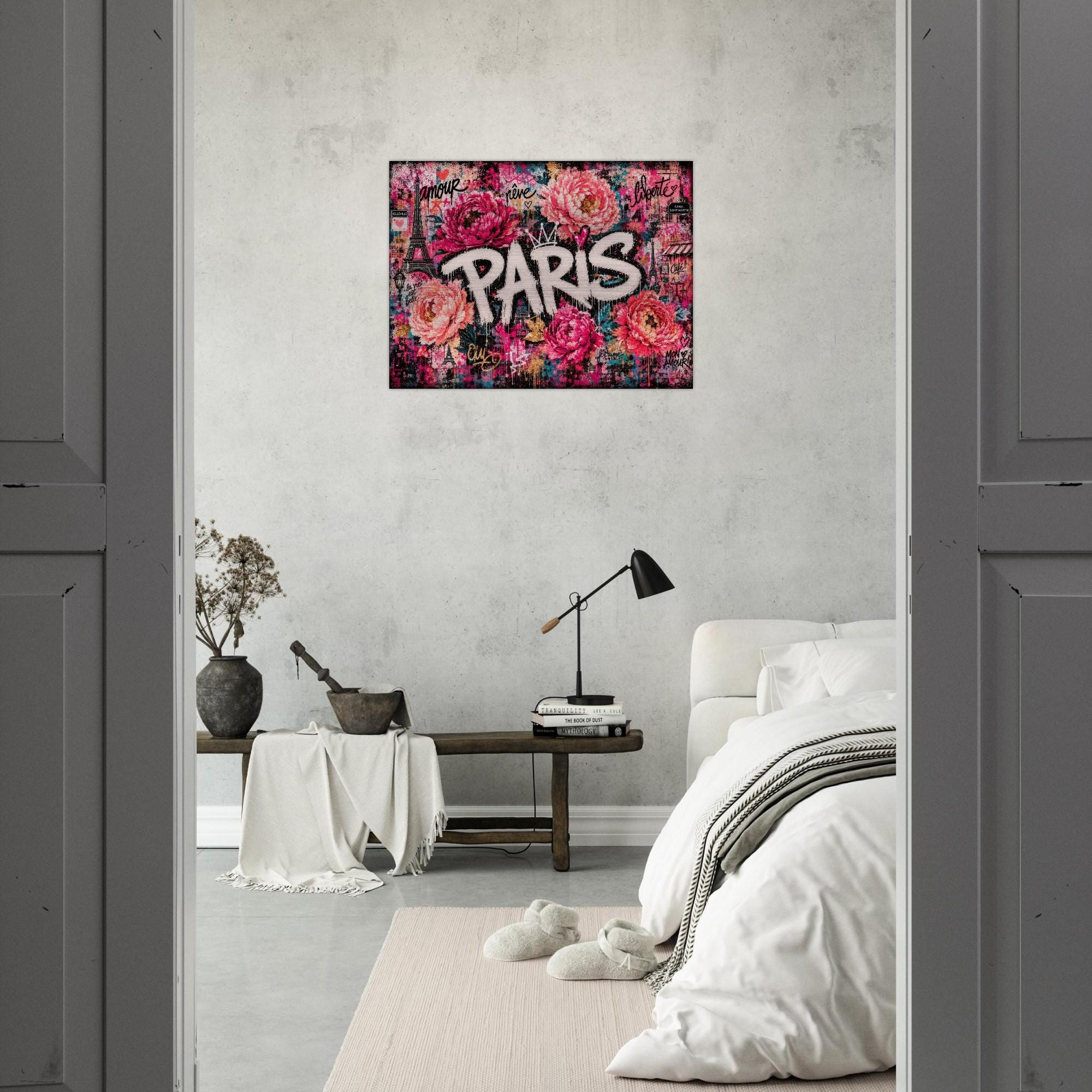 Paris Wall Art, Blush Pink Floral Graffiti Aluminum Print, Romantic Paris Decor, Modern Industrial Wall Art, City of Love Metal Print