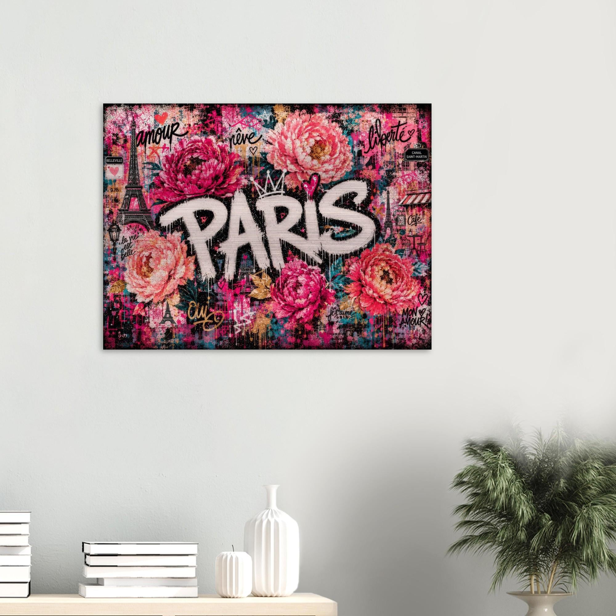 Paris Wall Art, Blush Pink Floral Graffiti Aluminum Print, Romantic Paris Decor, Modern Industrial Wall Art, City of Love Metal Print