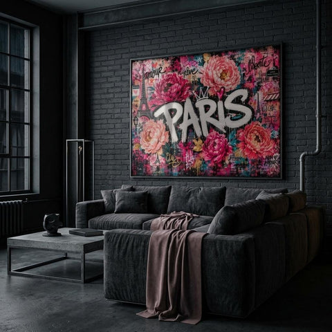 Paris Wall Art, Blush Pink Floral Graffiti Aluminum Print, Romantic Paris Decor, Modern Industrial Wall Art, City of Love Metal Print