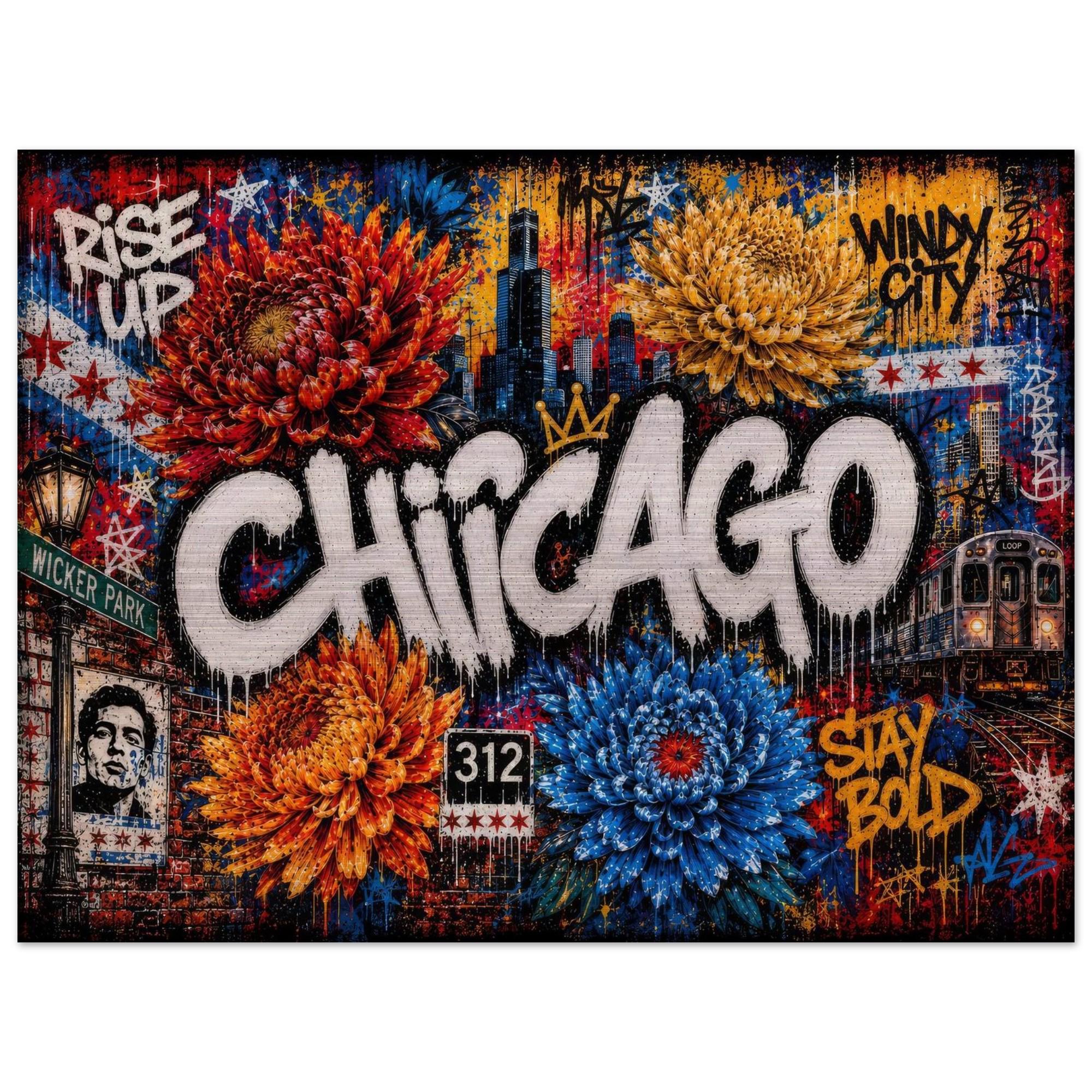Chicago Metal Wall Art | Industrial Graffiti Floral Aluminum Print | Cityscape Home Decor | Modern Architecture Gift for Him