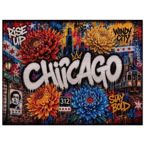 Chicago Metal Wall Art | Industrial Graffiti Floral Aluminum Print | Cityscape Home Decor | Modern Architecture Gift for Him