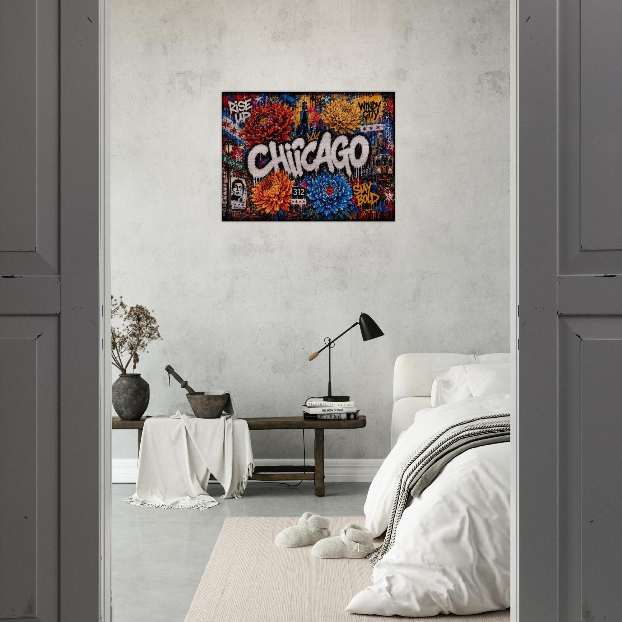 Chicago Metal Wall Art | Industrial Graffiti Floral Aluminum Print | Cityscape Home Decor | Modern Architecture Gift for Him