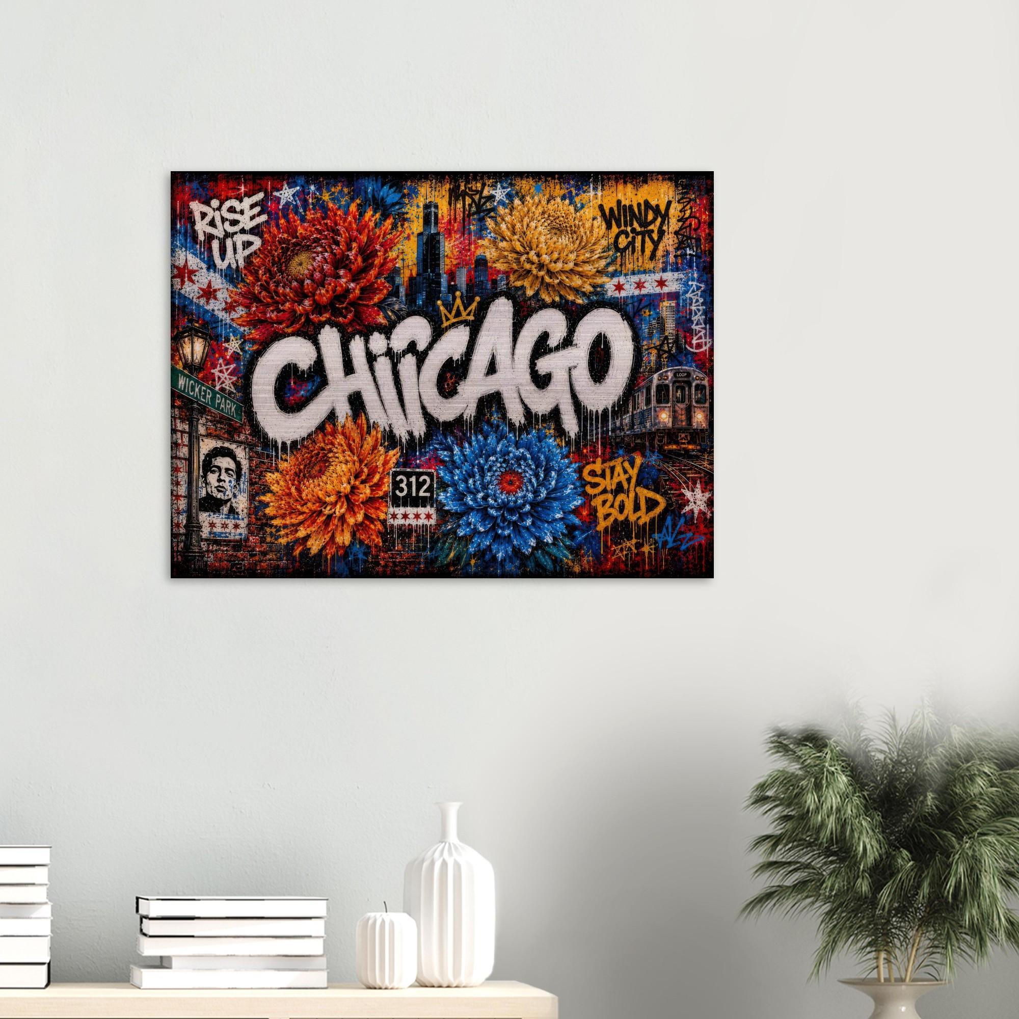 Chicago Metal Wall Art | Industrial Graffiti Floral Aluminum Print | Cityscape Home Decor | Modern Architecture Gift for Him