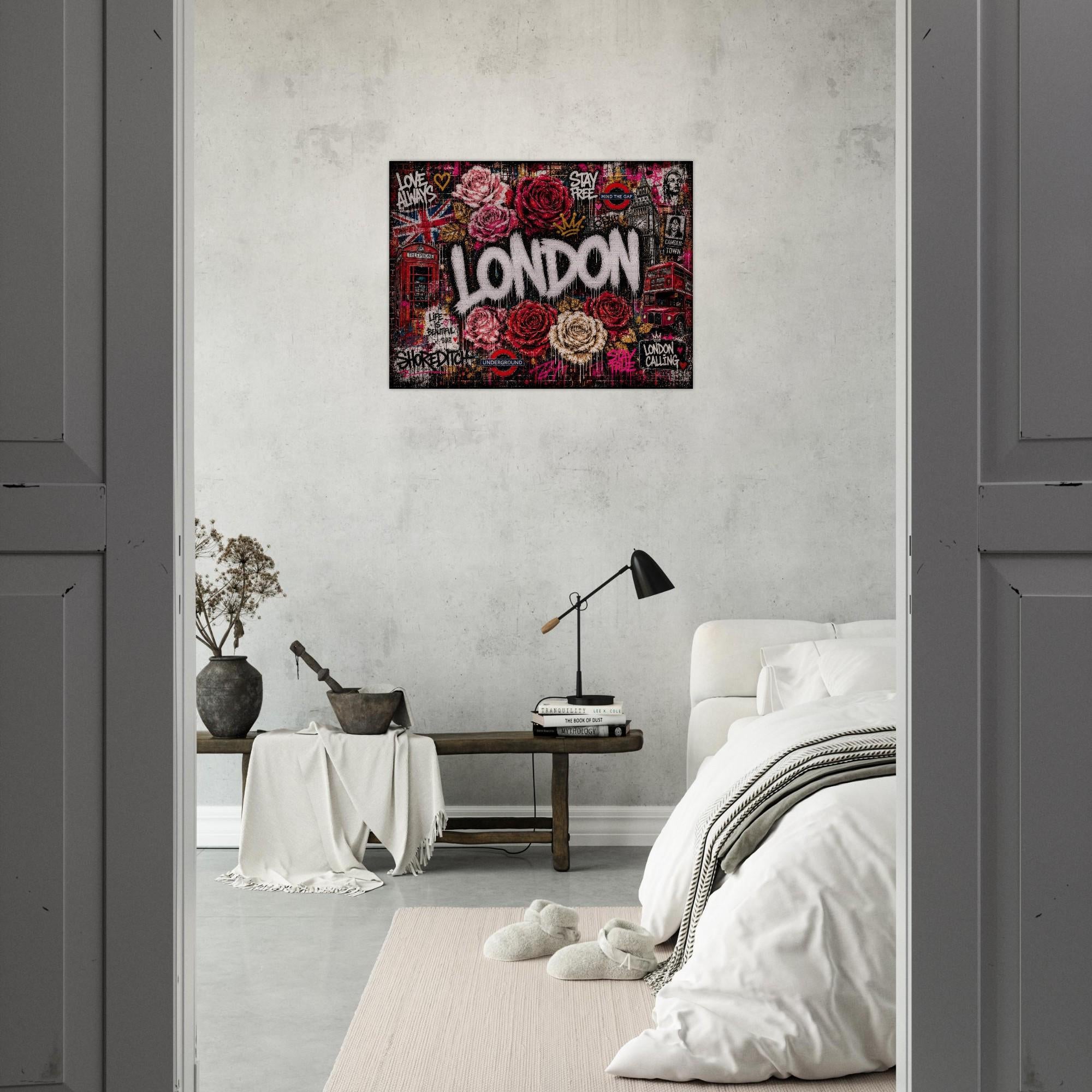 London Punk Rose Aluminum Print, Industrial Graffiti Wall Art, Modern Urban Decor, Edgy Botanical Metal Wall Hanging, Gift for Home