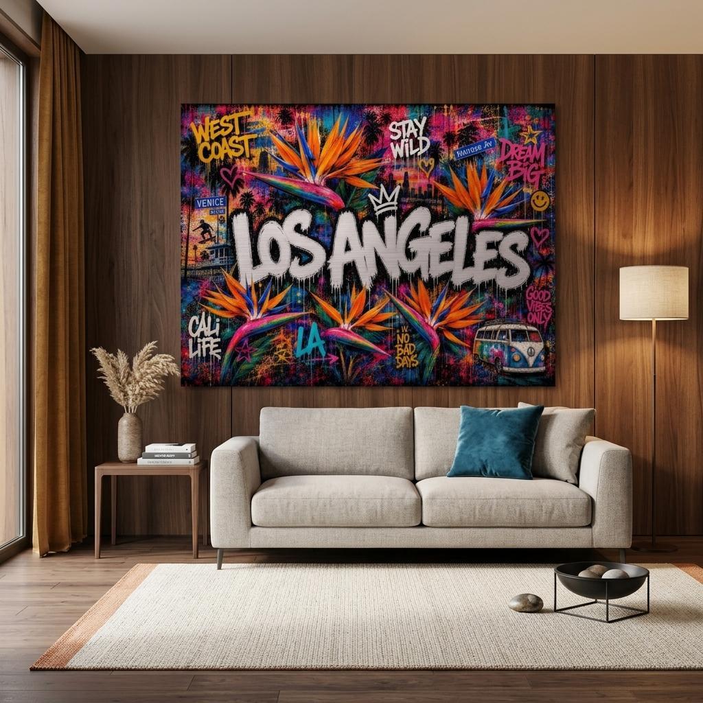 Los Angeles Floral Mural Aluminum Print, LA Street Art Wall Decor, Vibrant City Flower Metal Art, Modern Industrial Home Office Decor