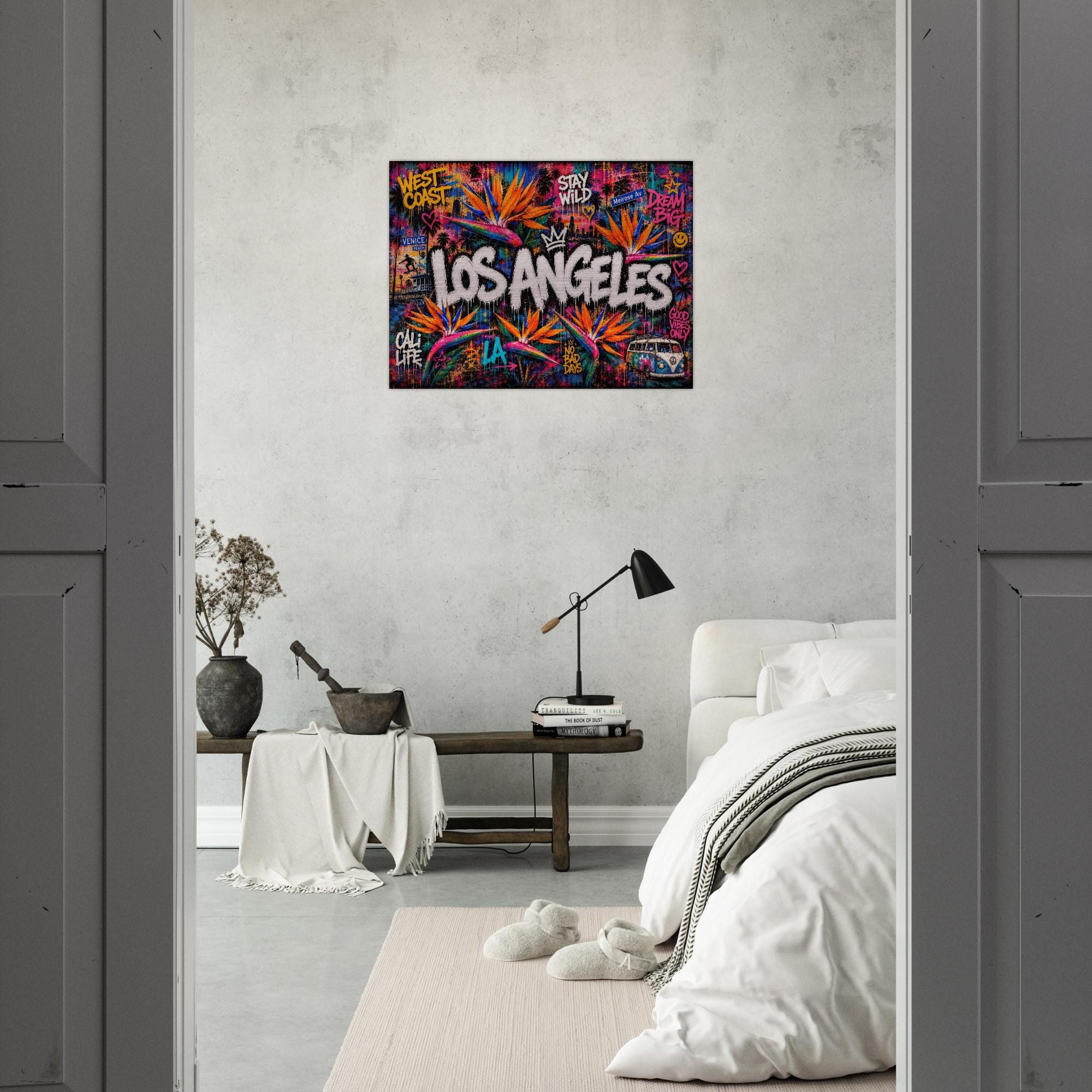 Los Angeles Floral Mural Aluminum Print, LA Street Art Wall Decor, Vibrant City Flower Metal Art, Modern Industrial Home Office Decor