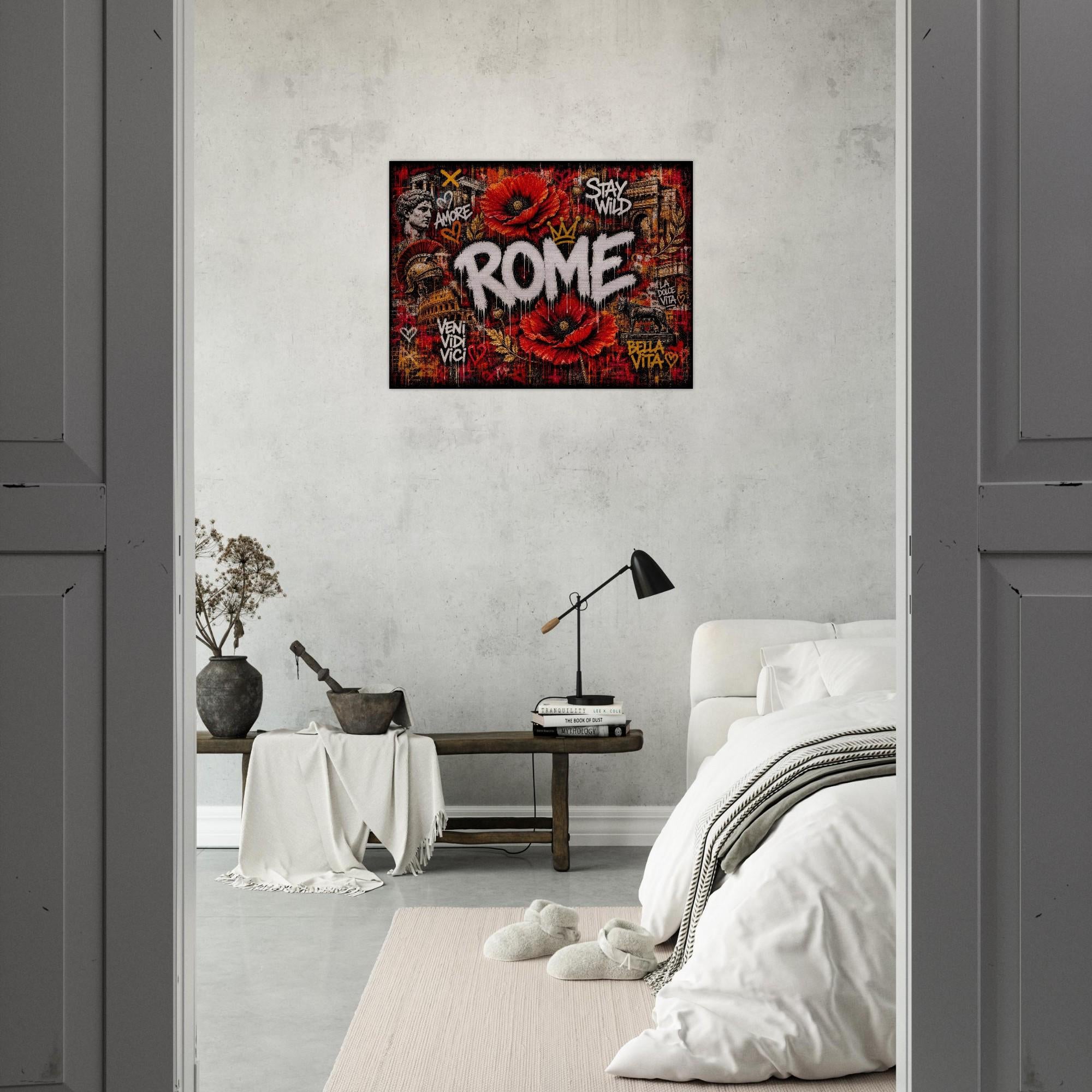 Rome Poppies Aluminum Wall Art - Modern Urban Graffiti Industrial Metal Print - Fiery Red Floral Italy Decor - Cityscape Gift for Him