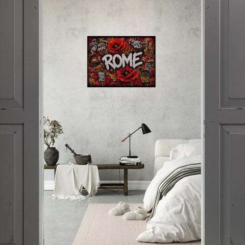 Rome Poppies Aluminum Wall Art - Modern Urban Graffiti Industrial Metal Print - Fiery Red Floral Italy Decor - Cityscape Gift for Him