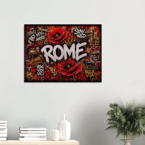 Rome Poppies Aluminum Wall Art - Modern Urban Graffiti Industrial Metal Print - Fiery Red Floral Italy Decor - Cityscape Gift for Him