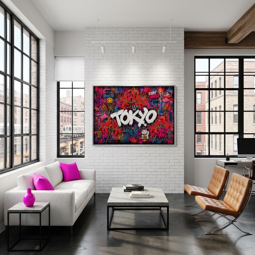 Tokyo Neon Floral Graffiti Aluminum Print | Cyberpunk City Street Art Wall Decor | Futuristic Urban Metallic Wall Art | Modern Industrial