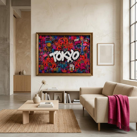 Tokyo Neon Floral Graffiti Aluminum Print | Cyberpunk City Street Art Wall Decor | Futuristic Urban Metallic Wall Art | Modern Industrial