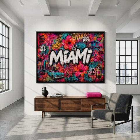 Miami Tropical Graffiti Aluminum Print, Vibrant Street Art Floral Wall Decor, Industrial Modern Metal Art, Large Colorful Urban Home Gift