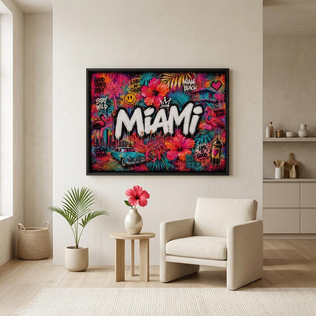 Miami Tropical Graffiti Aluminum Print, Vibrant Street Art Floral Wall Decor, Industrial Modern Metal Art, Large Colorful Urban Home Gift