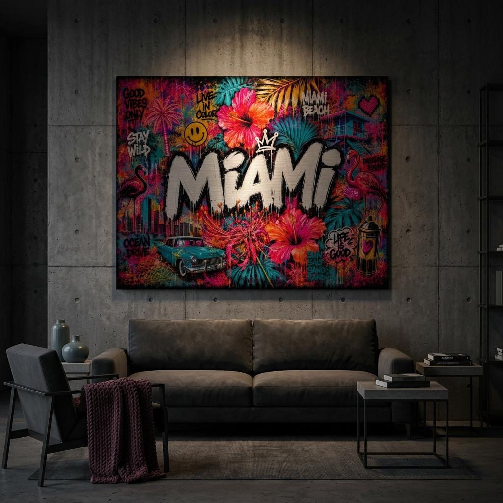 Miami Tropical Graffiti Aluminum Print, Vibrant Street Art Floral Wall Decor, Industrial Modern Metal Art, Large Colorful Urban Home Gift