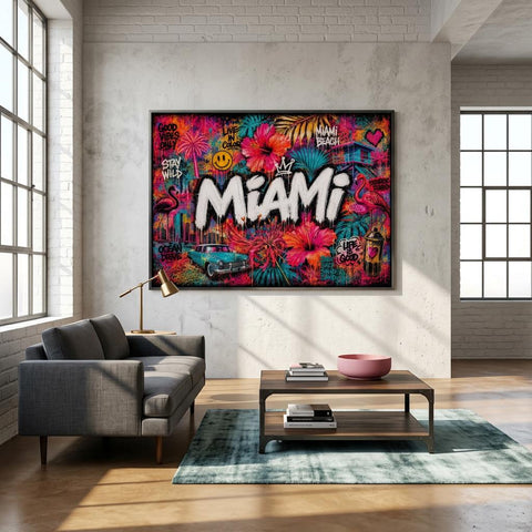 Miami Tropical Graffiti Aluminum Print, Vibrant Street Art Floral Wall Decor, Industrial Modern Metal Art, Large Colorful Urban Home Gift