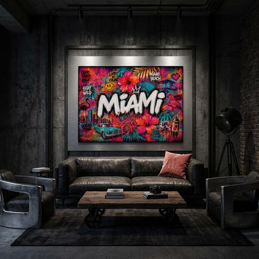 Miami Tropical Graffiti Aluminum Print, Vibrant Street Art Floral Wall Decor, Industrial Modern Metal Art, Large Colorful Urban Home Gift