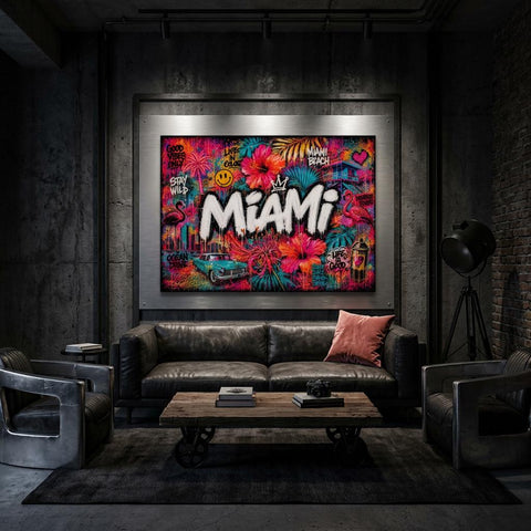 Miami Tropical Graffiti Aluminum Print, Vibrant Street Art Floral Wall Decor, Industrial Modern Metal Art, Large Colorful Urban Home Gift