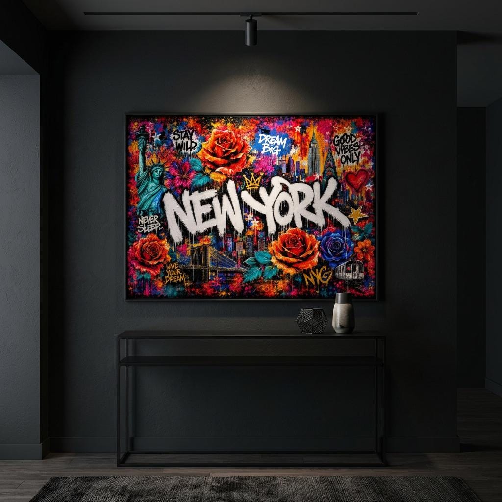 New York City Floral Mural Aluminum Print, Industrial Urban Graffiti Metal Wall Art, Brushed Silver Modern Decor, NYC Cityscape Gift