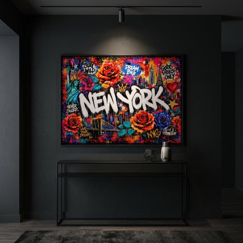 New York City Floral Mural Aluminum Print, Industrial Urban Graffiti Metal Wall Art, Brushed Silver Modern Decor, NYC Cityscape Gift
