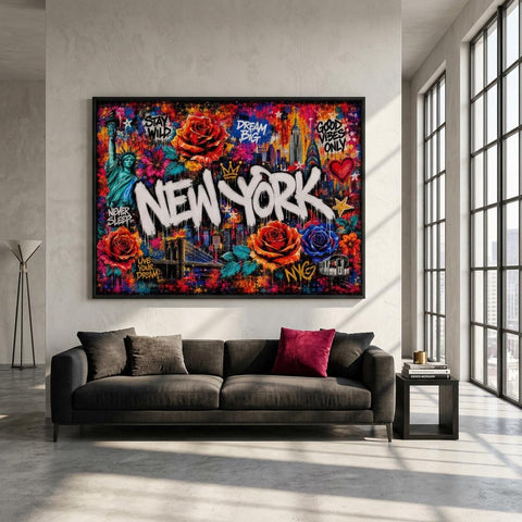 New York City Floral Mural Aluminum Print, Industrial Urban Graffiti Metal Wall Art, Brushed Silver Modern Decor, NYC Cityscape Gift