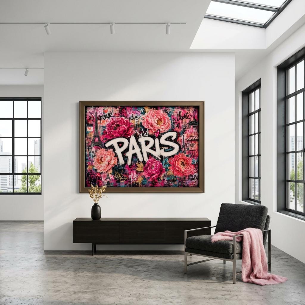 Paris Wall Art, Blush Pink Floral Graffiti Aluminum Print, Romantic Paris Decor, Modern Industrial Wall Art, City of Love Metal Print