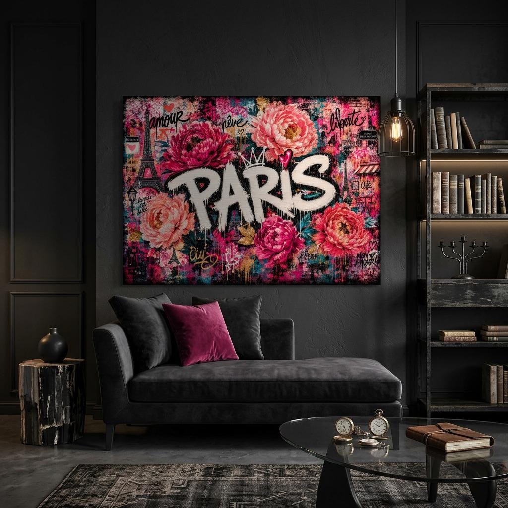 Paris Wall Art, Blush Pink Floral Graffiti Aluminum Print, Romantic Paris Decor, Modern Industrial Wall Art, City of Love Metal Print