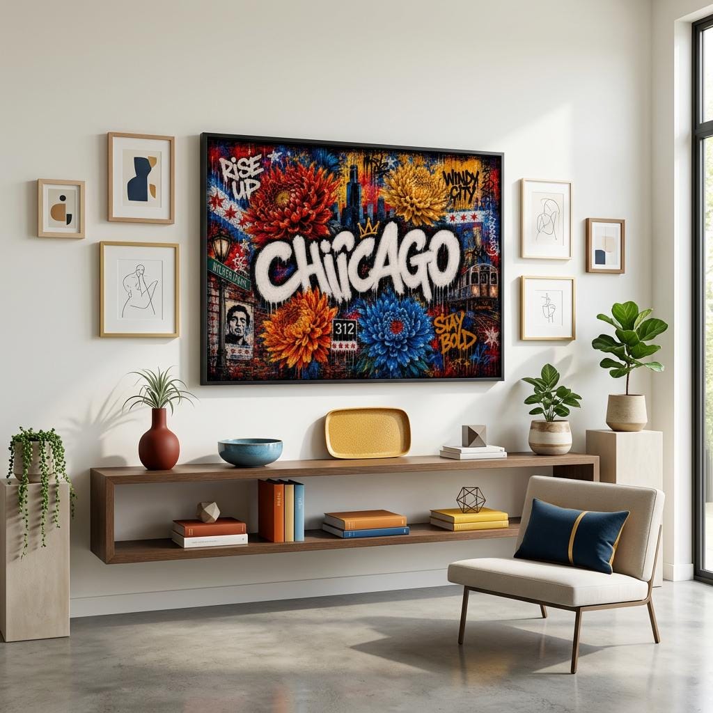 Chicago Metal Wall Art | Industrial Graffiti Floral Aluminum Print | Cityscape Home Decor | Modern Architecture Gift for Him