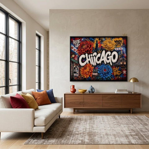 Chicago Metal Wall Art | Industrial Graffiti Floral Aluminum Print | Cityscape Home Decor | Modern Architecture Gift for Him