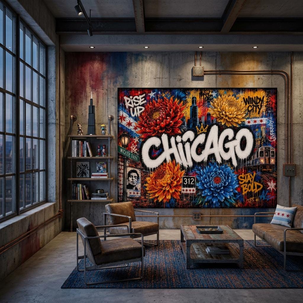 Chicago Metal Wall Art | Industrial Graffiti Floral Aluminum Print | Cityscape Home Decor | Modern Architecture Gift for Him
