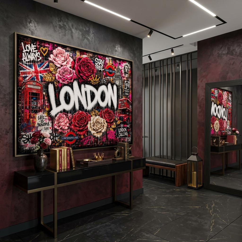 London Punk Rose Aluminum Print, Industrial Graffiti Wall Art, Modern Urban Decor, Edgy Botanical Metal Wall Hanging, Gift for Home