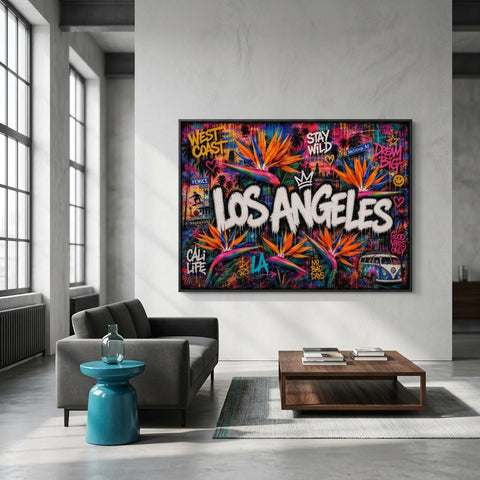 Los Angeles Floral Mural Aluminum Print, LA Street Art Wall Decor, Vibrant City Flower Metal Art, Modern Industrial Home Office Decor