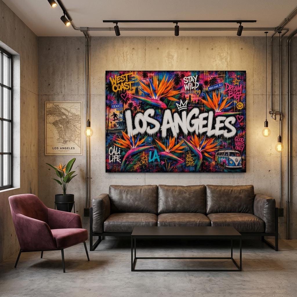 Los Angeles Floral Mural Aluminum Print, LA Street Art Wall Decor, Vibrant City Flower Metal Art, Modern Industrial Home Office Decor