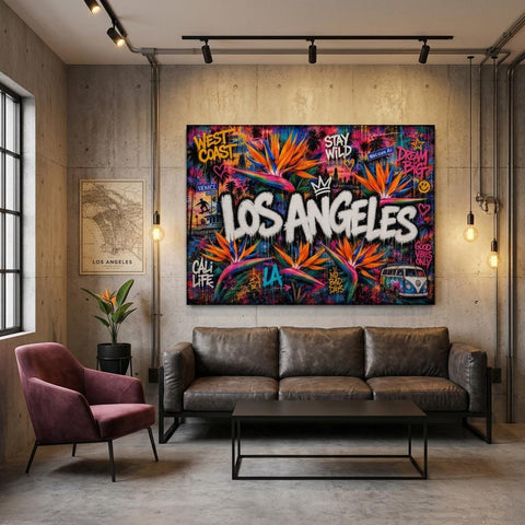 Los Angeles Floral Mural Aluminum Print, LA Street Art Wall Decor, Vibrant City Flower Metal Art, Modern Industrial Home Office Decor