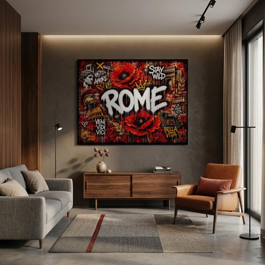 Rome Poppies Aluminum Wall Art - Modern Urban Graffiti Industrial Metal Print - Fiery Red Floral Italy Decor - Cityscape Gift for Him
