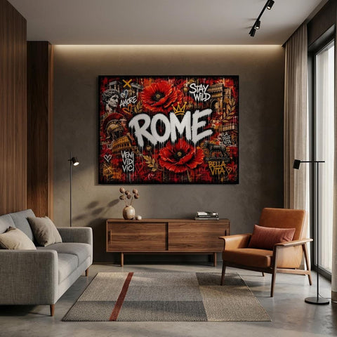 Rome Poppies Aluminum Wall Art - Modern Urban Graffiti Industrial Metal Print - Fiery Red Floral Italy Decor - Cityscape Gift for Him