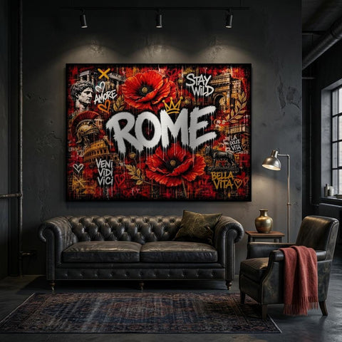Rome Poppies Aluminum Wall Art - Modern Urban Graffiti Industrial Metal Print - Fiery Red Floral Italy Decor - Cityscape Gift for Him