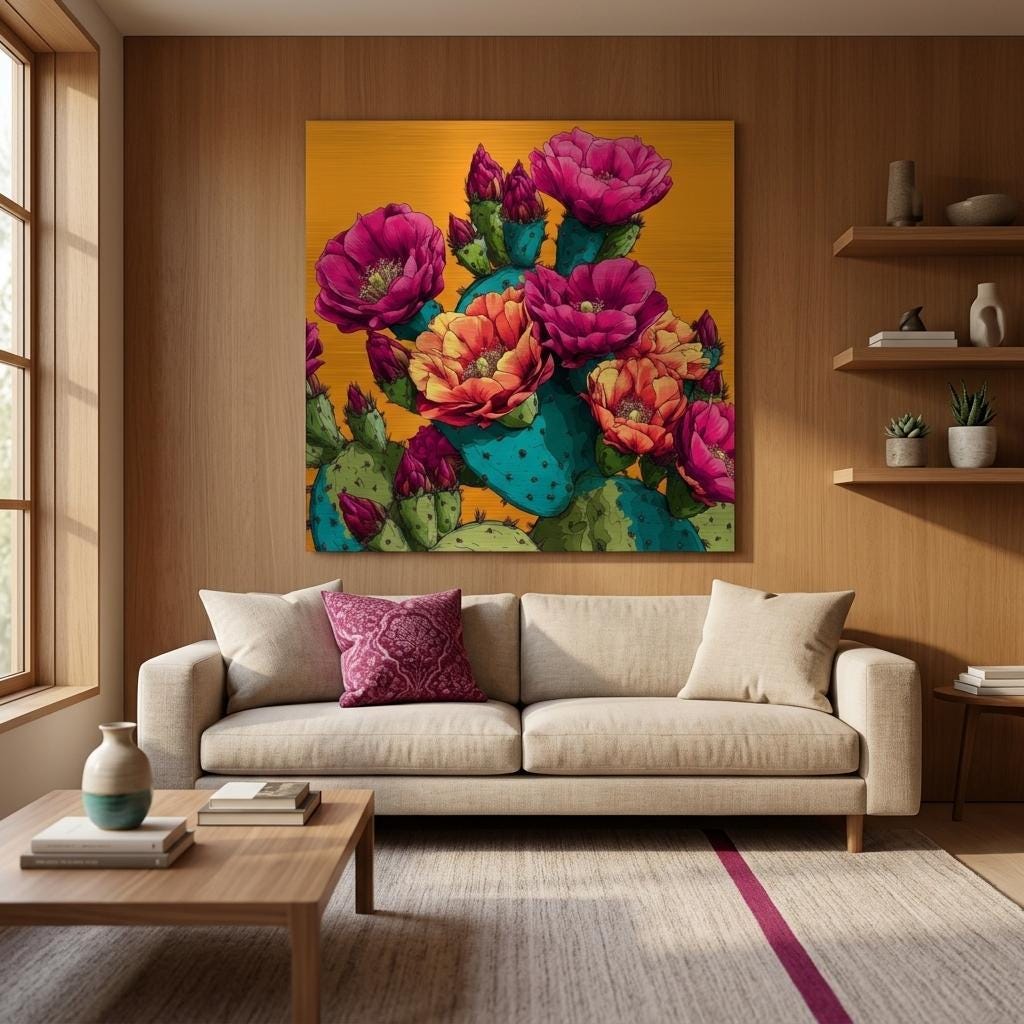 Radiant Prickly Pear - Brushed Aluminum Print | Bold Cactus Pop Art | Contemporary Metal Wall Art | Modern Home Decor Gift