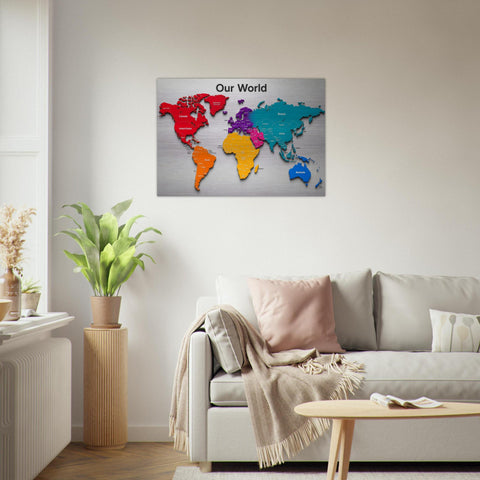 Our World - Color Edition 28×40 Panoramic Aluminum Map Brushed Aluminum Map Print - Modern Contemporary Wall Art, Silver Metallic Finish