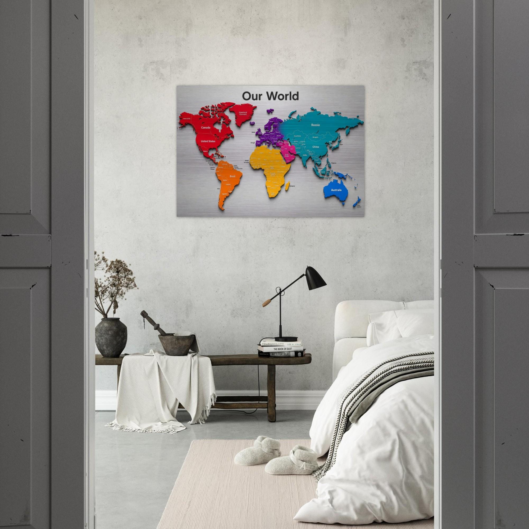 Our World - Color Edition 28×40 Panoramic Aluminum Map Brushed Aluminum Map Print - Modern Contemporary Wall Art, Silver Metallic Finish