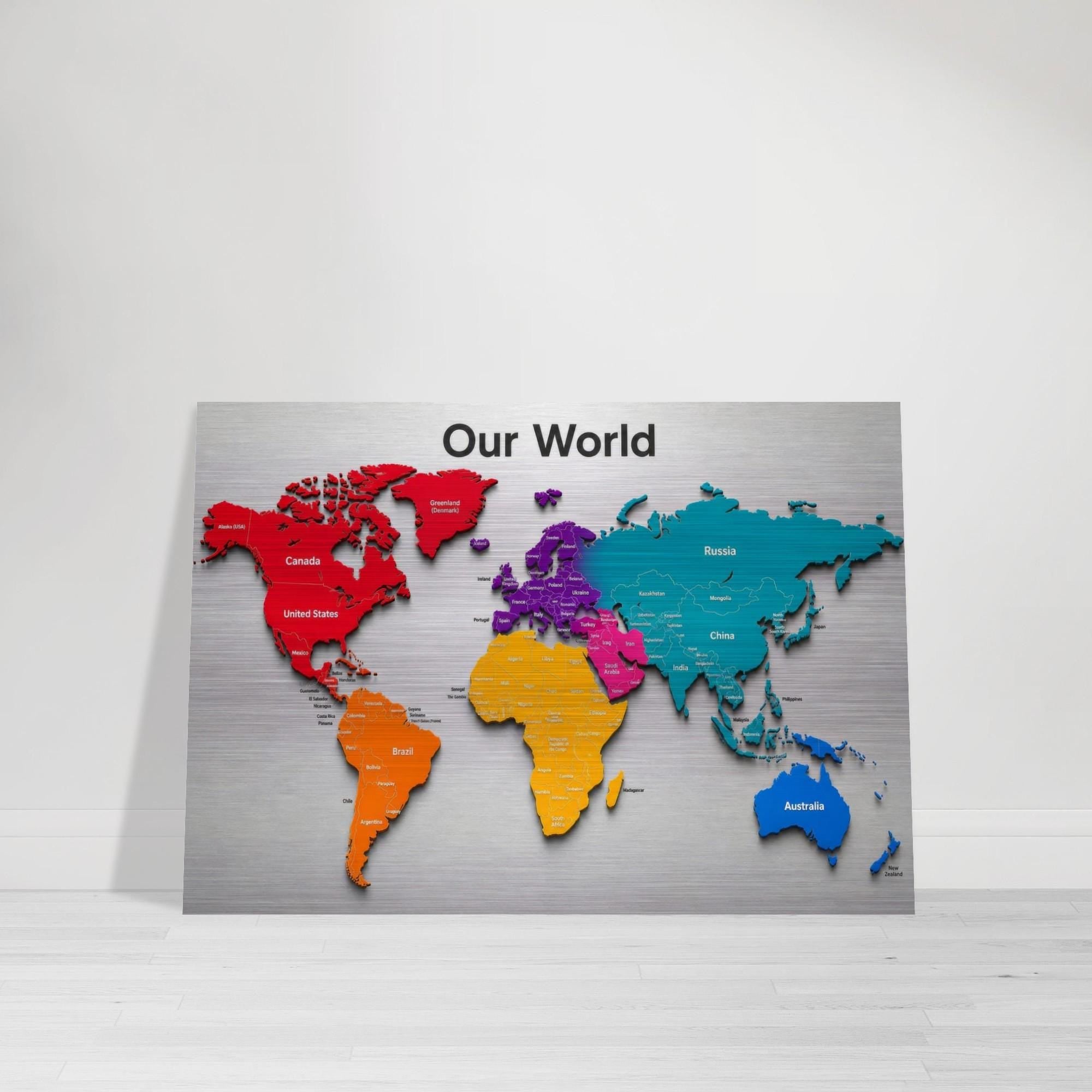 Our World - Color Edition 28×40 Panoramic Aluminum Map Brushed Aluminum Map Print - Modern Contemporary Wall Art, Silver Metallic Finish