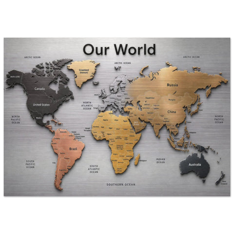 Our World – Metallic Edition | 28×40 Panoramic Brushed Aluminum Map Silver Metal Art | Modern World Map Wall Decor | Unique Home Accent