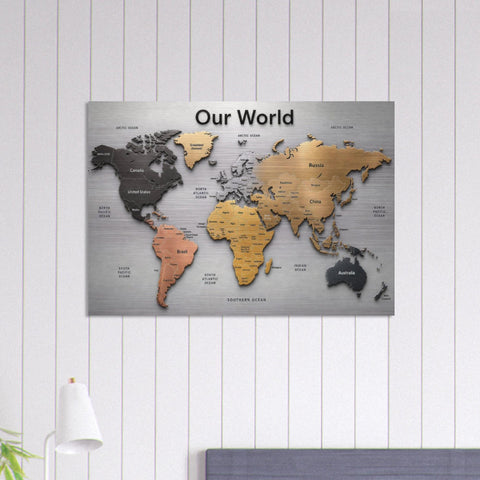 Our World – Metallic Edition | 28×40 Panoramic Brushed Aluminum Map Silver Metal Art | Modern World Map Wall Decor | Unique Home Accent